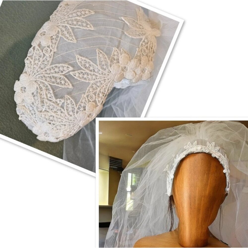 1940s 50s Juliet Cap Veil Crochet Floral Lace Wired For Updo White 4 Layer Tulle